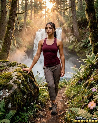Standing on a dirt trail, a woman in a red sleeveless top poses near a waterfall