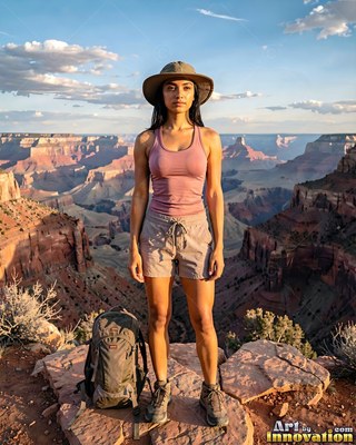 A woman in a pink sleeveless top stands on a rocky canyon rim at sunset