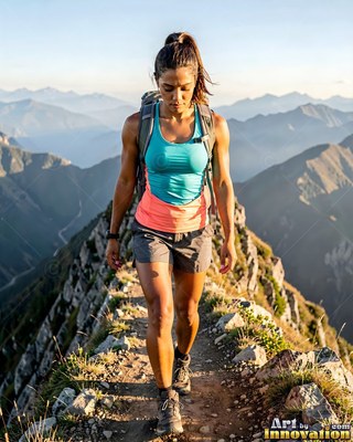 Walking down a rocky ridge, a woman wears a blue sleeveless shirt and gray shorts