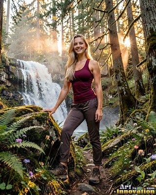 Wearing a maroon lightweight tank top, a smiling woman pauses on a forest trail by a waterfall