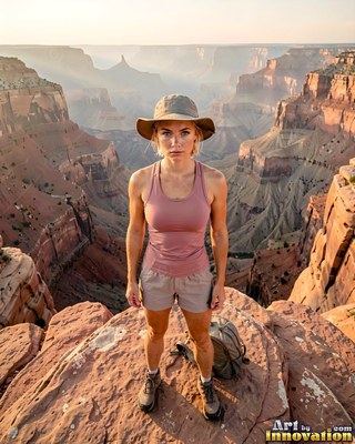 A woman in a sun hat stands on a high rocky canyon rim in the soft morning haze