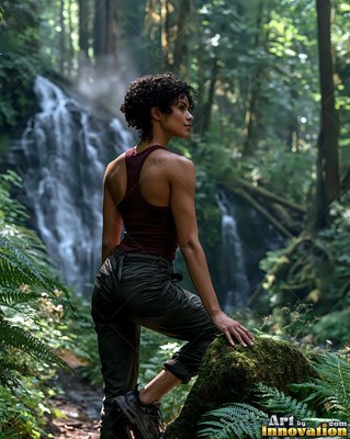 Turned sideways by a waterfall in the forest, a woman looks back over her shoulder