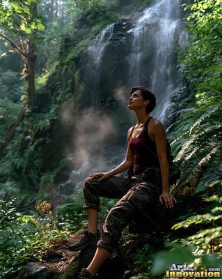 A short-haired woman in a sleeveless shirt rests on rocks by a misty forest waterfall