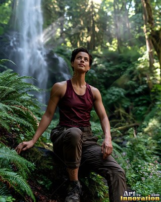 In front of a forest waterfall, a woman in a maroon athletic tank top rests on a mossy log