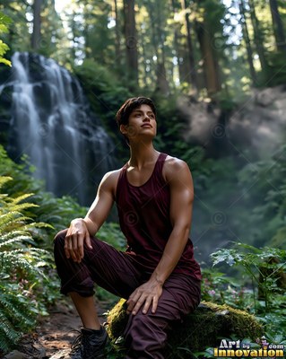 Resting on a mossy rock, a woman in a maroon tank top looks up near a woodland waterfall