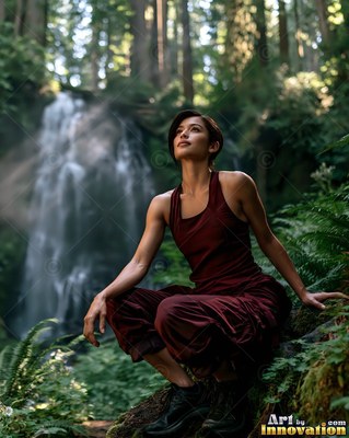Woman in maroon hiking clothes crouched near a forest falls