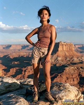 Wearing a brown lightweight tank top, a woman stands on a rocky ledge overlooking red canyons