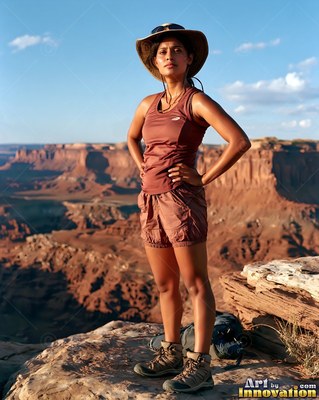 A woman pauses hands on her hips on a red canyon rim in warm late afternoon sun