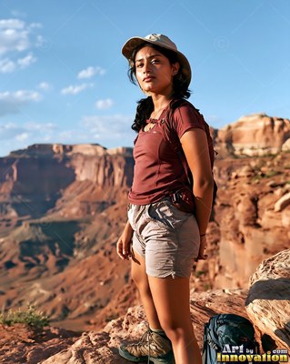 Standing at a red rock canyon edge, a hiker woman looks ahead in a wide-brimmed sun hat