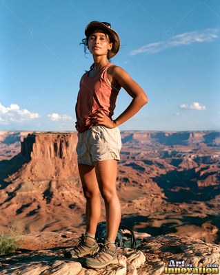 A woman in shorts stands with hands on her hips overlooking a desert canyon in late sun