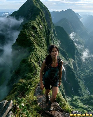 On a steep green high mountain ridge, a woman in shorts hikes upward along a trail