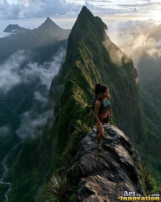 Pausing on a sharp mountain ridge crest, a woman overlooks steep green peaks and mist