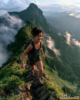 Wearing a teal tank top, a woman hikes along a steep green high mountain ridge above clouds
