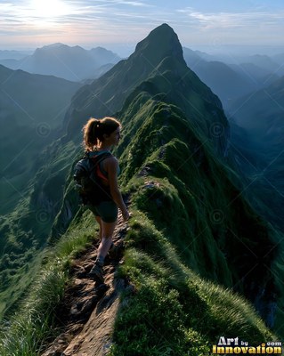 A woman hikes along a narrow grassy ridge toward a peak in soft morning light