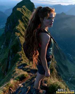 Standing in profile, a woman with long hair rests on a steep mountain ridge crest