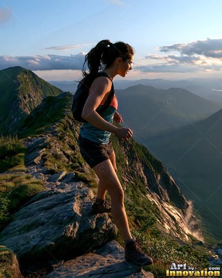 A woman in shorts and hiking boots walks down a rocky mountain ridge crest at sunset