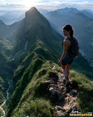 On a steep mountain ridge, a woman in shorts hikes along a narrow trail