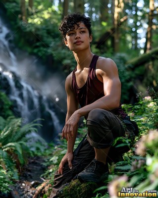 Crouching on a mossy log, a muscular woman in a maroon sleeveless shirt rests near a cascading forest waterfall