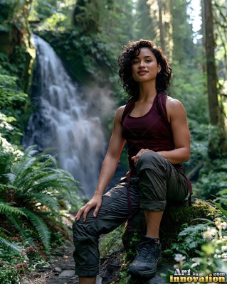 A woman rests on a mossy rock in front of a forest falls
