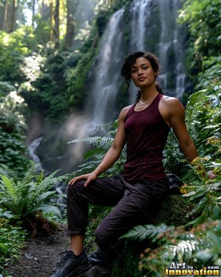 In a maroon tank top, a woman rests on a mossy log by a cascading forest waterfall