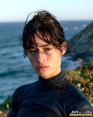On a breezy coastal bluff, a woman with wet hair wears a dark rash guard