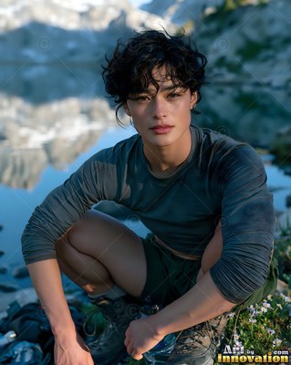 Crouching by an alpine lake, a dark-haired woman rests in gray hiking gear
