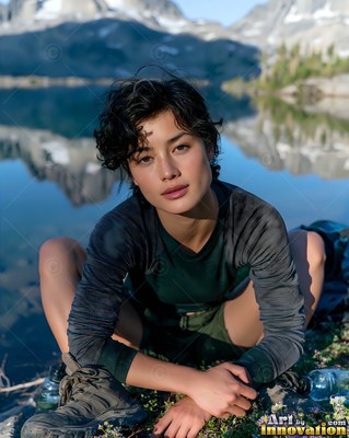 Short dark hair frames a woman resting by a clear alpine lake below rocky peaks