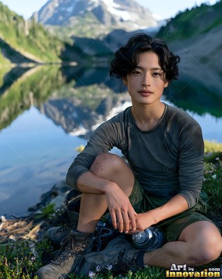 A woman rests beside a mountain lake, with soft daylight touching her dark green shirt