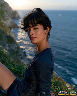 On a coastal cliff, a dark-haired woman in a black shirt looks out over the ocean