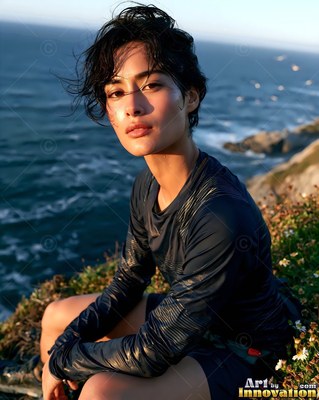 Sitting on a coastal cliff, a woman in a dark shirt rests above the blue ocean