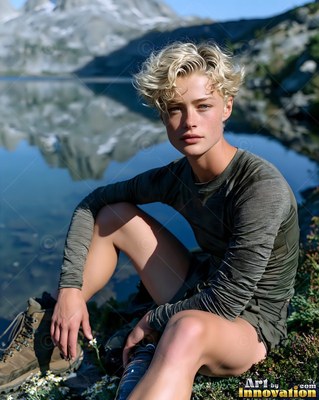 Blonde woman in a green shirt sits by an alpine lake