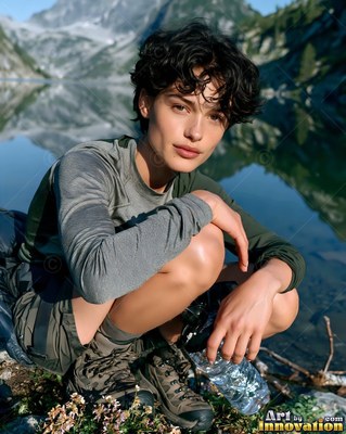 Short curly black hair frames a woman crouching by a clear mountain lake