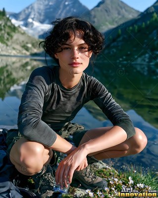 Crouching low, a dark-haired woman rests beside a clear alpine lake