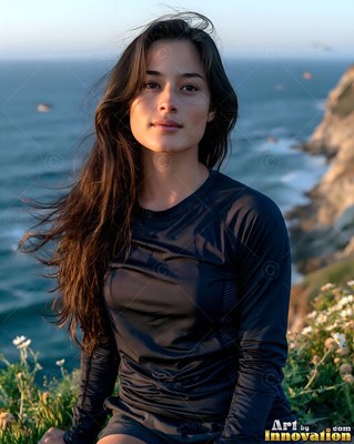 Sitting on a coastal cliff, a brunette woman wears a dark shirt above the sea