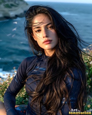 Woman with long dark hair sits on a cliff above the ocean