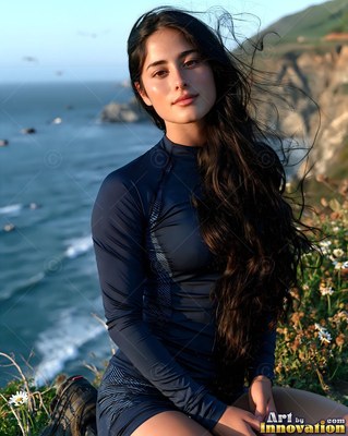 Long dark hair blows around a woman in a navy athletic shirt on a sunny ocean cliff
