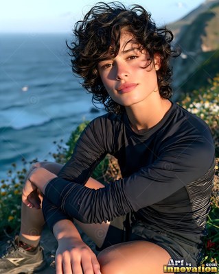 A woman rests on a coastal cliff trail above the sea in warm late-afternoon sunlight