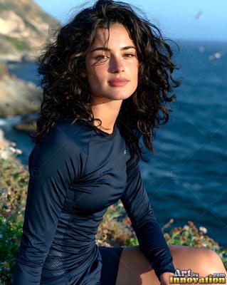 A woman in a navy athletic shirt rests on a coastal bluff by the blue ocean