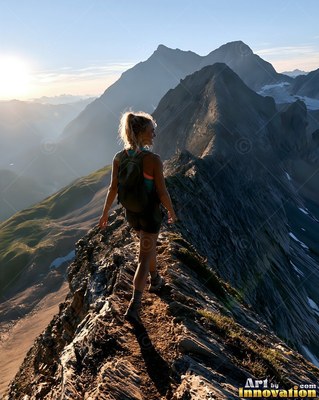 Hiking along a narrow rocky ridge, a woman walks toward high mountain peaks at sunrise
