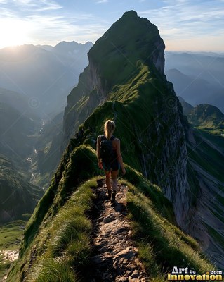 A woman walks along a steep mountain ridge trail in morning sun