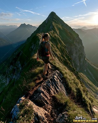 Her blonde ponytail swings as a woman hikes along a narrow, rocky mountain ridge in the sun