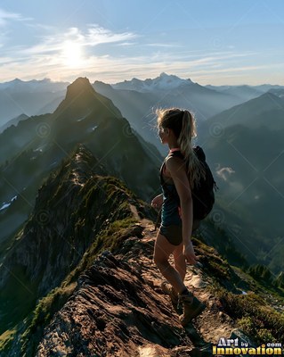 A woman hikes along a narrow mountain ridge trail under bright morning sunlight