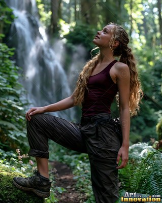 Standing in profile with one foot raised, a woman looks up near a waterfall in the forest