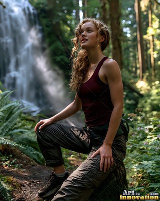 A woman in a maroon sleeveless top kneels on a tree stump by a woodland waterfall