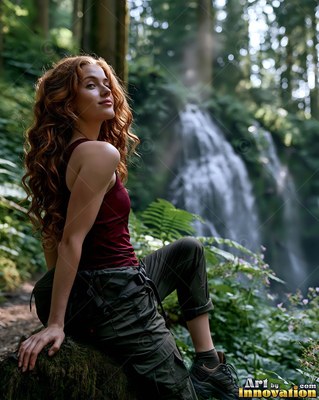 In a green forest by a waterfall, a red-haired woman sits on a mossy log