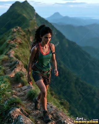 Woman in a green sleeveless shirt hiking along a rocky mountain ridge