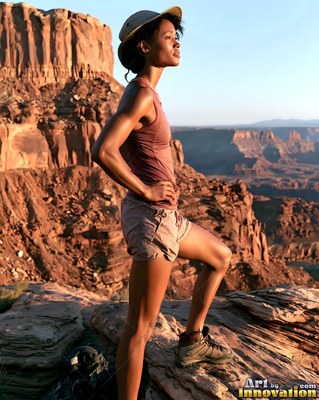 Standing in profile on a red rock ridge, a woman looks over a canyon