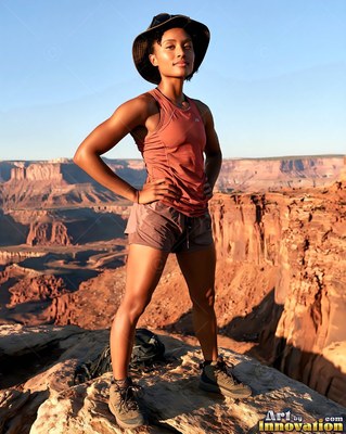 A woman in a sun hat and athletic tank top stands on a canyon cliff in warm light