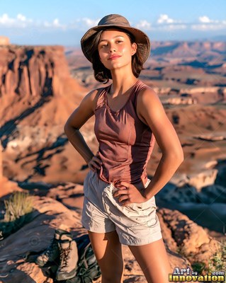 A woman in a floppy hiking sun hat stands on a rocky overlook above red desert canyons