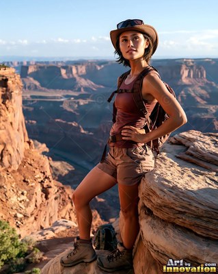 A hiker woman stands on a canyon cliff in brown shorts in warm afternoon light